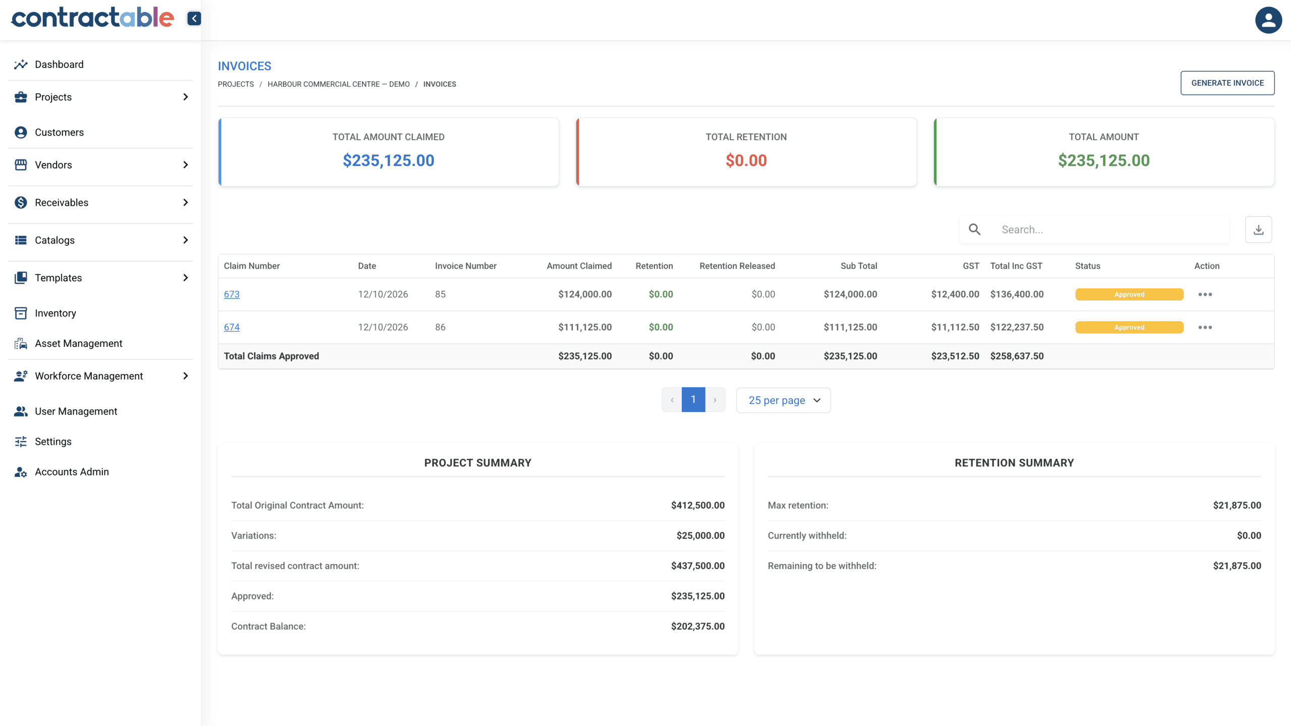 Contractable progress claims with demonstration data