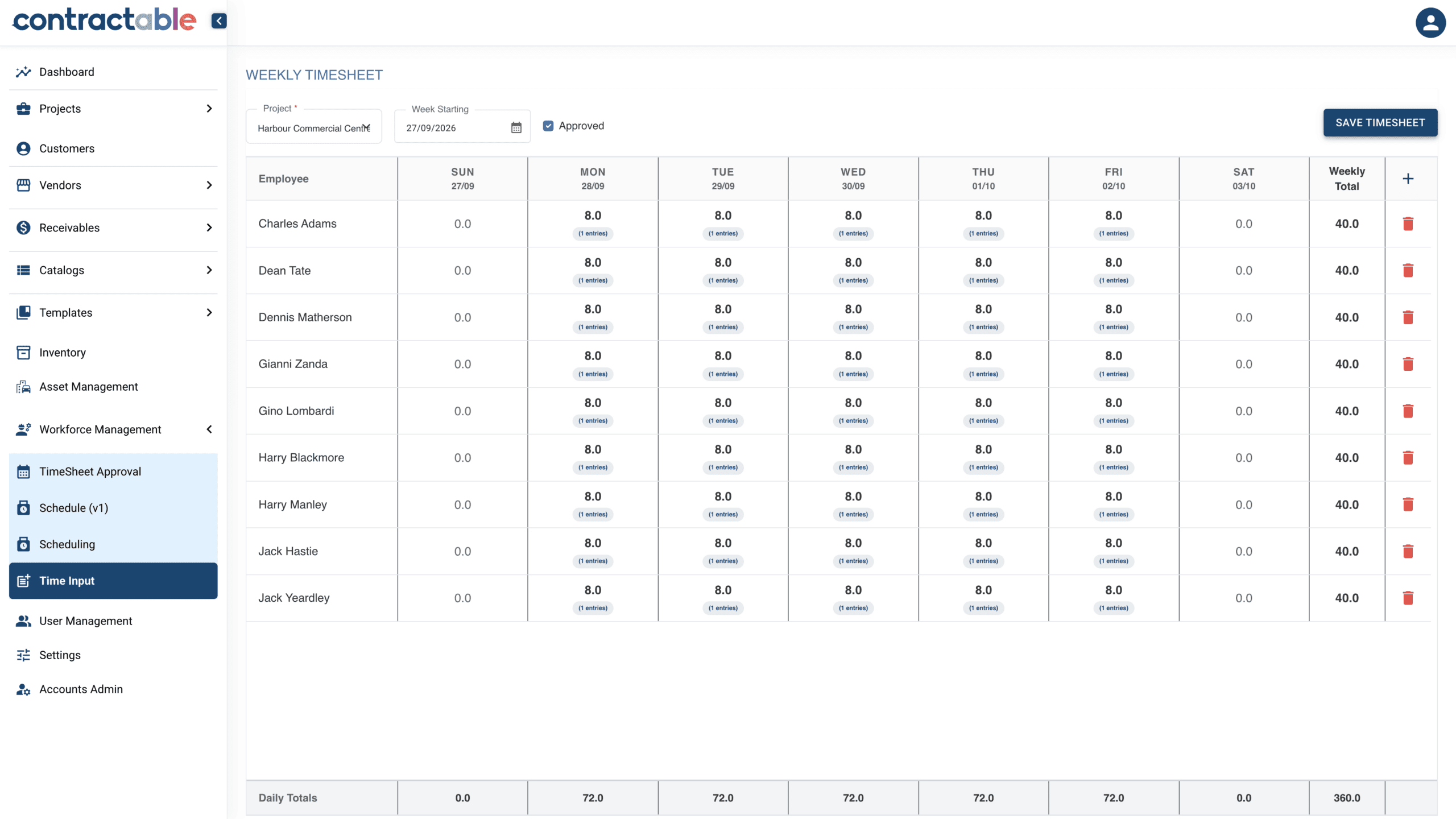 Contractable approved project timesheets with demonstration data