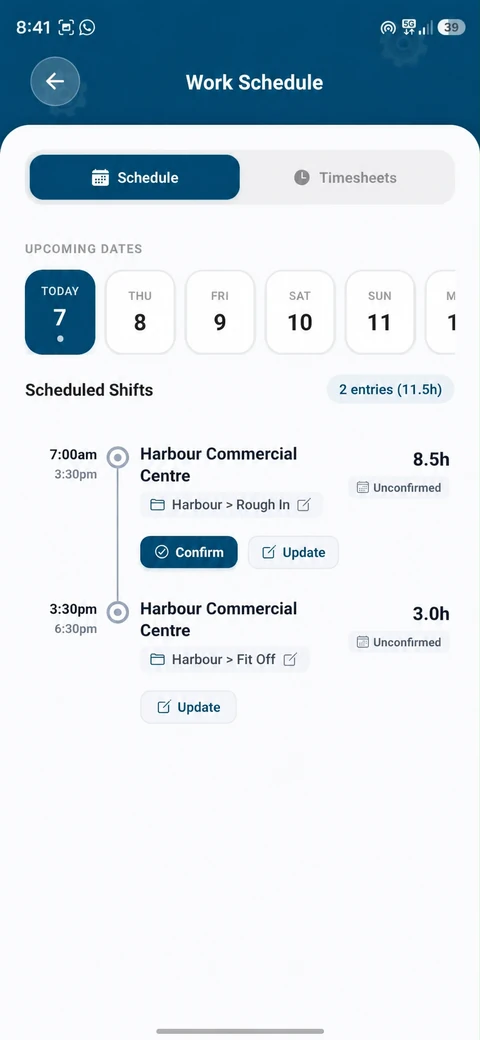 Harbour Commercial Centre: 8.5 hours rough-in and 3 hours fit-off, awaiting confirmation.