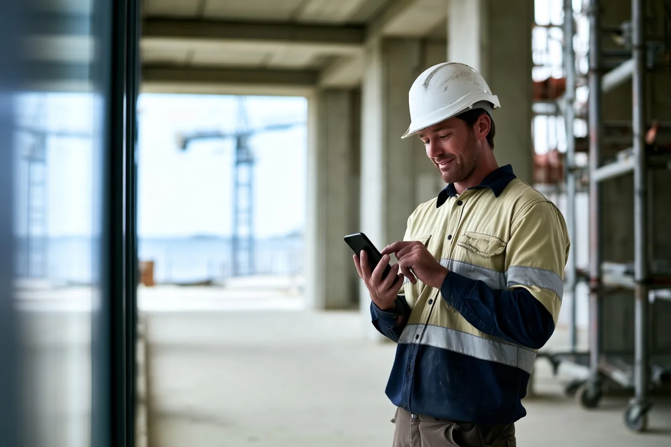 Electrician entering an update on his phone at a commercial construction site.