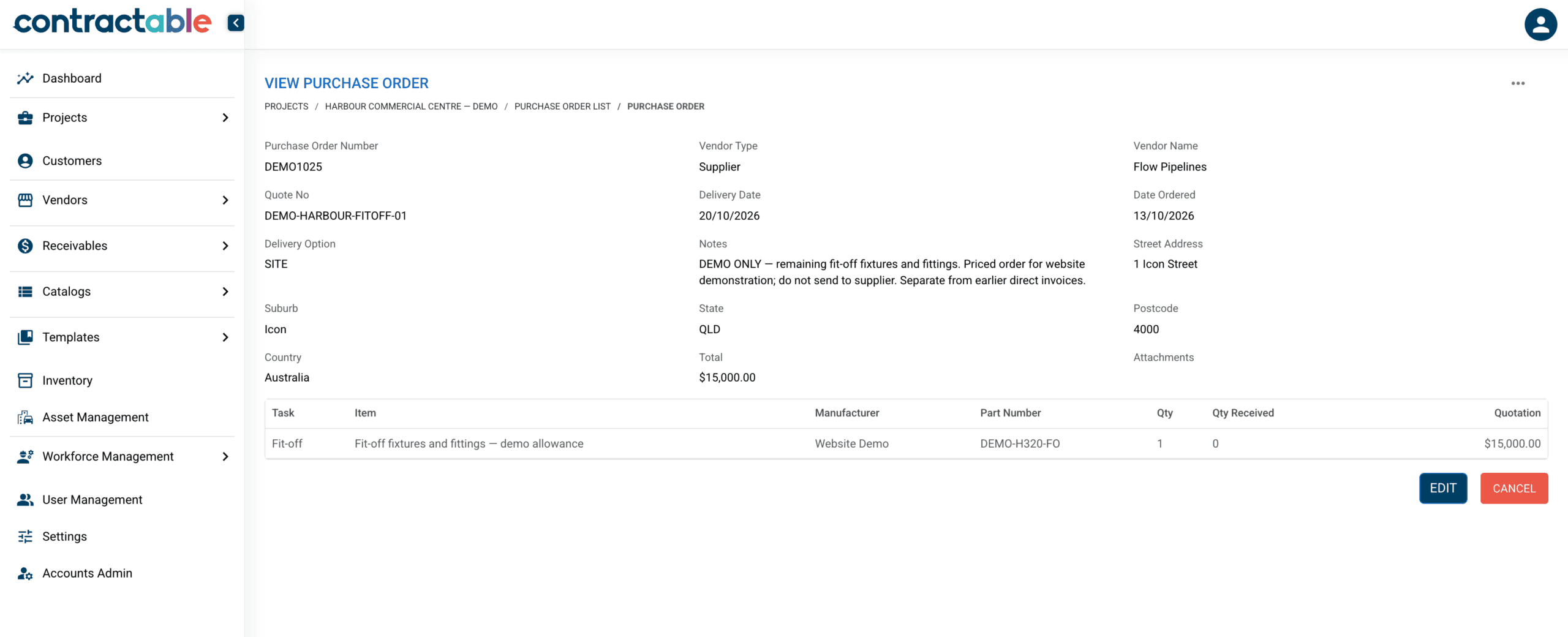 Saved purchase order DEMO1025: 15,000 dollars for fit-off fixtures and fittings attributed to the Fit-off task.