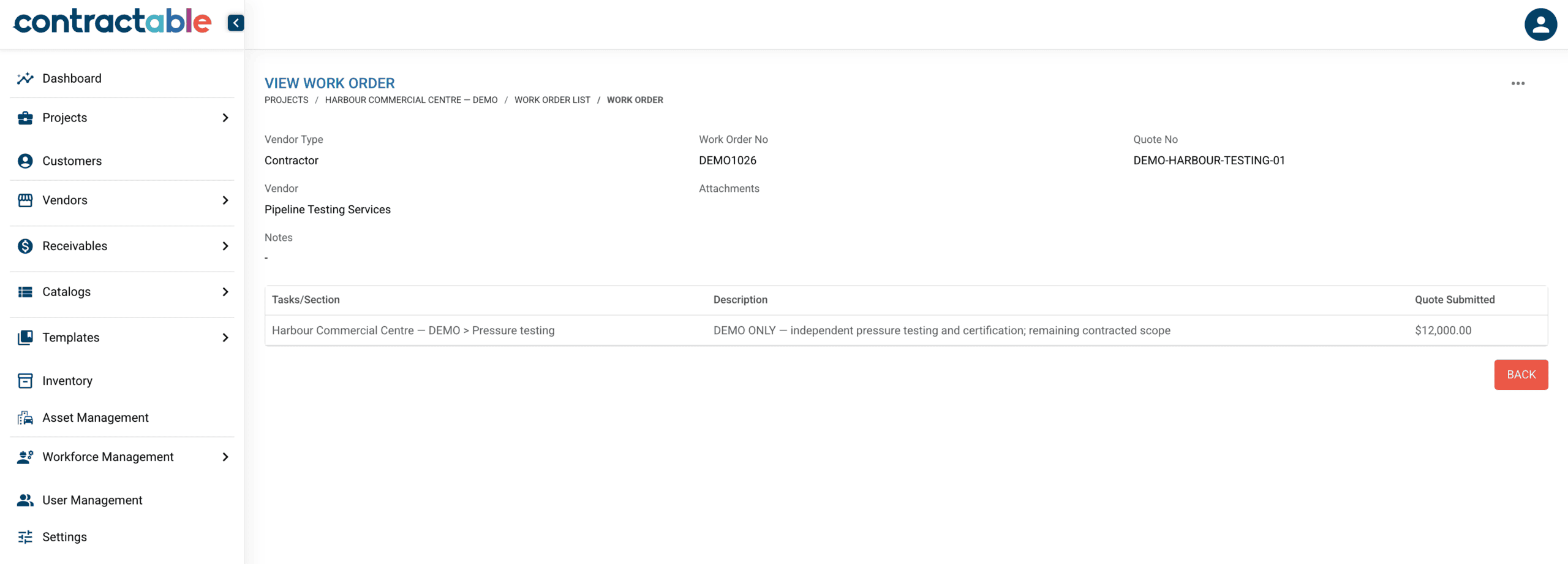 Saved work order DEMO1026: 12,000 dollars for pressure testing, attributed to the Pressure testing task.